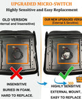 Image comparing old and upgraded micro-switch for operator seat; shows easy replacement and design improvements.
