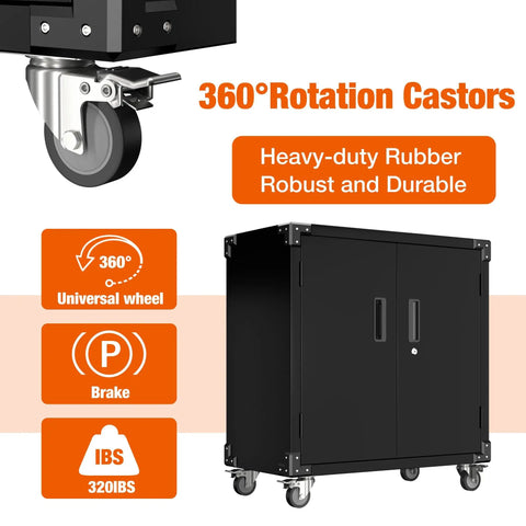 Heavy Duty Metal Rolling Storage Cabinet With Pegboard Locking Steel Cabinet On Wheels with 360-degree rotation castors