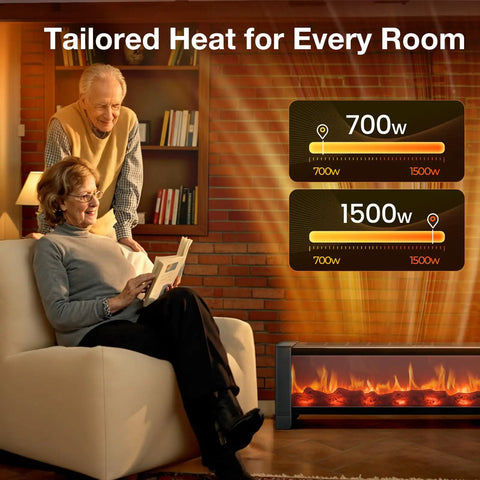Couple using 33 Inch Baseboard Heater 1500 Watts Delivering Straight Fire Warmth Via Wide Top Air Outlet And Smart Remote Thermostat.