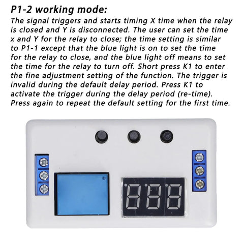 Adjustable Delay Timer Relay Module For Automation Projects, Industrial Grade DC 12V Controller With Optocoupler Isolation For Noise Immunity And Stable Signals, Easy Setup, Power Loss Memory, DIY Friendly And Pro Ready. front view with display and terminals