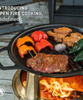 Bonfire Cast Iron Grill Cooking Bundle 2.0 with steaks, veggies on smokeless fire pit outdoors