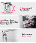 Sixty Inch Wide Commercial Undercounter Refrigerator With Drawer Door Combo Fifteen Point Three Cubic Feet Stainless Steel Worktop Fridge wheels and drawer system details
