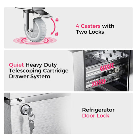 Sixty Inch Wide Commercial Undercounter Refrigerator With Drawer Door Combo Fifteen Point Three Cubic Feet Stainless Steel Worktop Fridge wheels and drawer system details