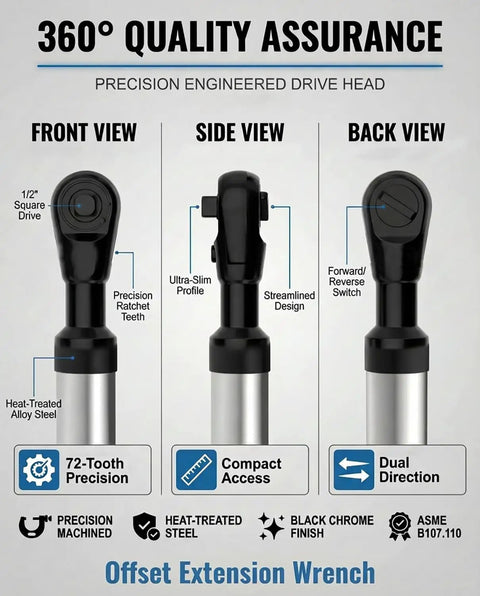 Precision engineered 1/2 Drive Angled Impact Extension Wrench For Tight Spots with 72-tooth ratchet and compact access.