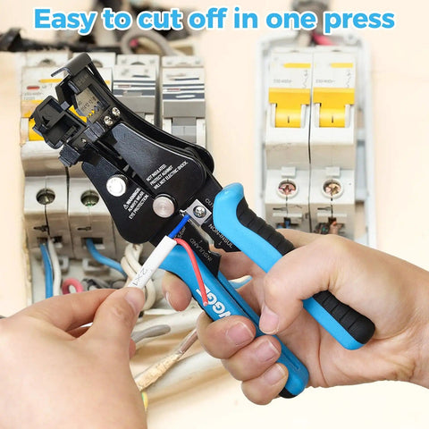 Heavy Duty 3 In 1 All In One Wire Stripper And Cutter For 8 18 AWG Solid And 10 22 AWG Stranded Wire in use near fuse box