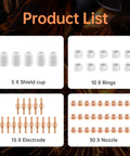 Product list for 60 Piece PT31 Plasma Cutter Consumables Kit For PT31 JG40 LG40 Torches With Shield Cups Nozzles Rings And Electrodes Pro Grade Heavy Duty Wear Parts For Precise Cuts