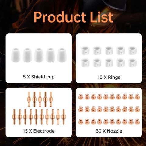 Product list for 60 Piece PT31 Plasma Cutter Consumables Kit For PT31 JG40 LG40 Torches With Shield Cups Nozzles Rings And Electrodes Pro Grade Heavy Duty Wear Parts For Precise Cuts