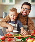 Montessori kids kitchen knife set, 13-piece wooden knives with plastic toddler blades, cutting vegetables in a kitchen.