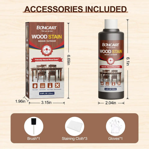 Totally Non Toxic Water Based Wood Stain For Raw Wood And Furniture Dark Oak Shade with included accessories and tools.