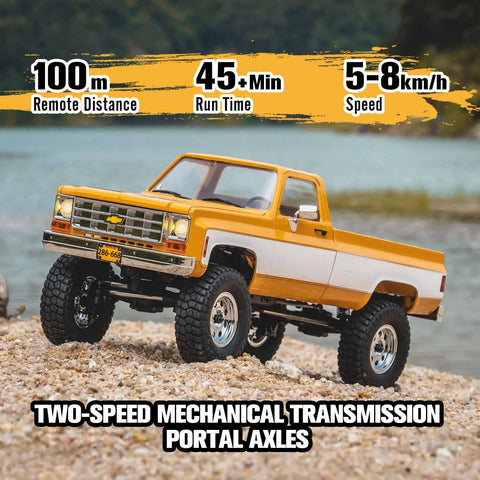 Chevrolet K10 One Eighteen Scale RC Truck with 4WD, dual speed switch, in red with LED lights, on rocky terrain by a lake.