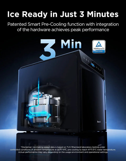 Real Talk Smart Countertop Ice Maker Cranks Out Fresh Ice In Three Minutes with Smart Pre-Cooling function for peak performance.