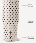 32 Oz Insulated Stainless Steel Water Bottle With Fly Polka Dot Drip And French Vanilla Finish, featuring secure grip and insulation.