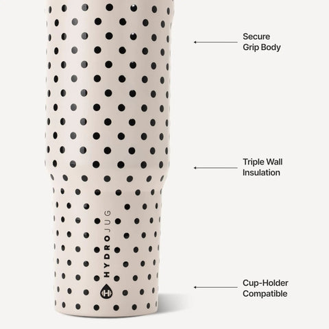 32 Oz Insulated Stainless Steel Water Bottle With Fly Polka Dot Drip And French Vanilla Finish, featuring secure grip and insulation.