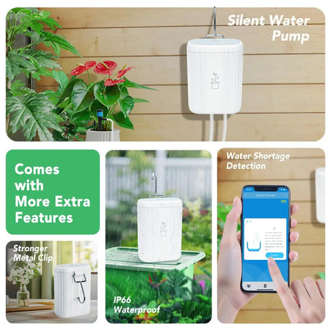Automatic Plant Watering System For Indoor And Outdoor Use With 2.4GHz WiFi showing pump, app interface, and metal clip features