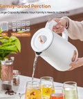 Fast Boil Electric Kettle 1500W 1.8L Stainless Steel Auto Shut Off Boil Dry Protection Perfect For Coffee And Tea Quick Hot Water For Breakfast And More being used to pour water into glasses