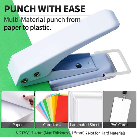 Heavy Duty 1/4 Inch Single Hole Paper Punch for crafts and office use, shown punching through paper, cardstock, and laminates.