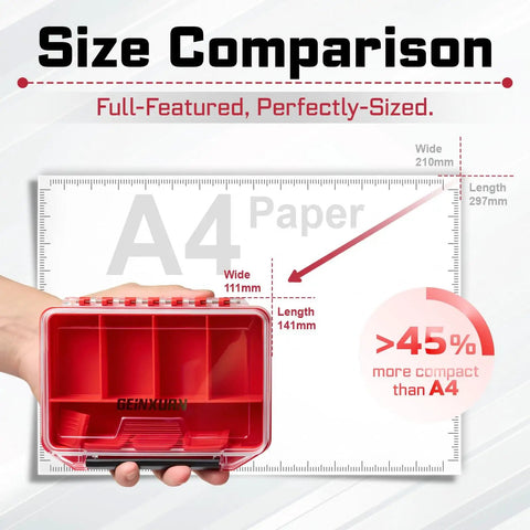 Size comparison of IPX4 Waterproof Small Parts Organizer Case With Removable Dividers Two Boxes Set against A4 paper