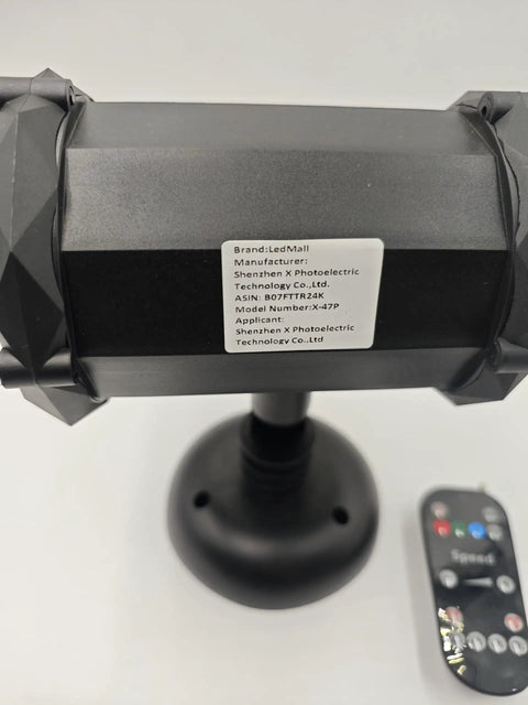 Bluetooth Motion Laser Lights With Dope 7 Color Full Spectrum White Star Effects, Remote Included, Built-In Speaker, close-up of label