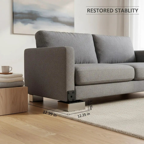 Durable L-Shaped Stainless Steel Furniture Leg Replacement For Sofa, Cabinet, And Bed Frame, 13 x 3.3 x 1.6 Inches, 1 Pack, Fix Wobbly Furniture And Keep It Level With A Quick DIY Install installed on grey sofa.