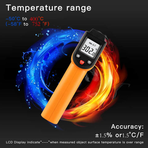 Non-Contact Infrared Temperature Gun For Quick Temp Readings, -50 C To 400 C, -58 F To 752 F, orange IR thermometer with LCD display