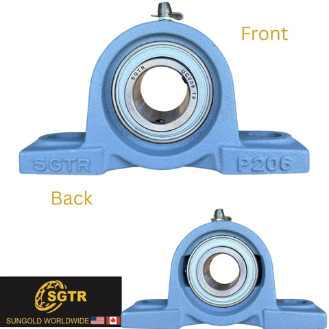 Front and back view of 2 Pack Beefy Heavy Duty Pillow Block Bearing UCP206-19 1 3/16 Inch Bore Self Aligning Industrial Grade Chrome Steel Bearing Units With Solid Cast Iron Housings