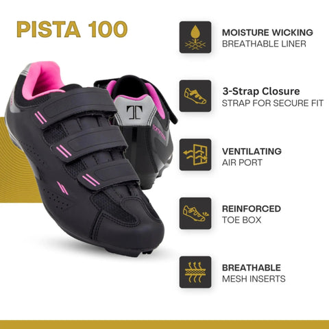 Women's Indoor Spin Shoes With Preinstalled SPD Cleats Ready To Ride Grippy Sole Compatible With Most Spin Classes And Indoor Bikes Pink Size US 7.5 And EU 38 Includes Cleats Comfortable All Day Fit with moisture wicking liner, 3-strap closure, ventilating air port, reinforced toe box, and breathable mesh inserts.