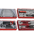 Four tool trays from 137 Piece PRO35 26 Inch Wide Black Starter Tool Kit with wrenches, sockets, pliers, and hex keys displayed.