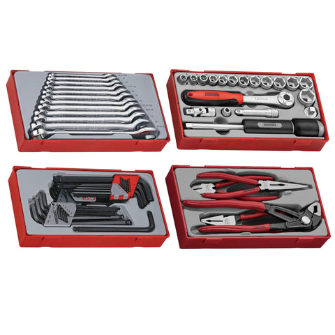 Four tool trays from 137 Piece PRO35 26 Inch Wide Black Starter Tool Kit with wrenches, sockets, pliers, and hex keys displayed.