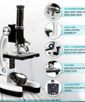 Epic Compound Microscope Starter Kit For Kids Featuring 1200x Magnification With Dope Accessory Pack showing metal arm and dual illumination features.