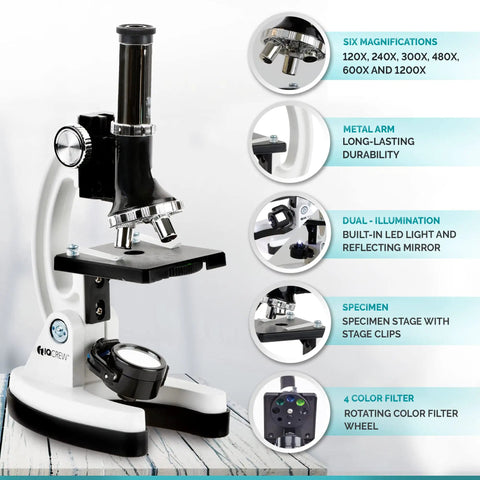 Epic Compound Microscope Starter Kit For Kids Featuring 1200x Magnification With Dope Accessory Pack showing metal arm and dual illumination features.