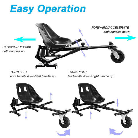 Hoverboard Go Kart Attachment With Dual Shock Absorbers And 6 Inch Off Road Wheel 265 Lbs Capacity Adjustable Length instructions