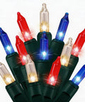 Red White Blue LED String Lights With Clear Bulbs On Green Wire UL Listed Connectable Patriotic Decor For Independence Day 4th Of July Memorial Day 100 Count 21 Feet Long Lasting close-up