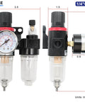 Pro Grade Pneumatic 1/4 Inch NPT Air Filter Regulator Kit With Brass Fittings And Gauge, AFC2000 Style, side and front view