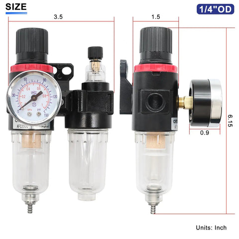 Pro Grade Pneumatic 1/4 Inch NPT Air Filter Regulator Kit With Brass Fittings And Gauge, AFC2000 Style, side and front view