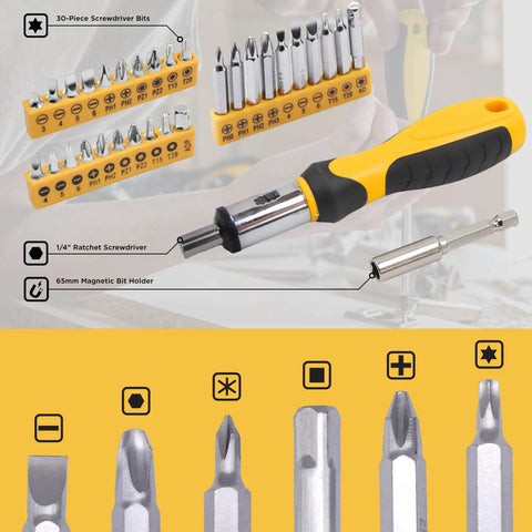 Close-up of ratchet screwdriver with 30-piece bits from Must-Have 237-Piece Household And Auto Repair Tool Kit
