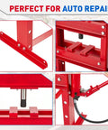 Heavy Duty 10 Ton Hydraulic Press With Clear Pressure Gauge And Dual Plates For Easy Metal Bending Straightening And Garage Wrenching Or Auto Mods With Zero Headaches In Bold Red, showcasing pressure gauge and sturdy construction.