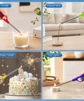 4 Pack Refillable Long Stem Lighters with Visible Fuel Window lighting candles, incense, and birthday cake with adjustable soft flame.