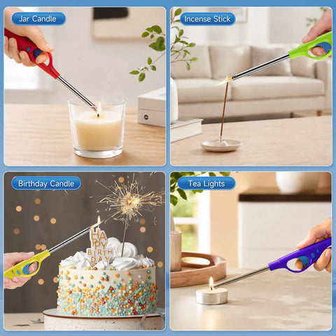 4 Pack Refillable Long Stem Lighters with Visible Fuel Window lighting candles, incense, and birthday cake with adjustable soft flame.