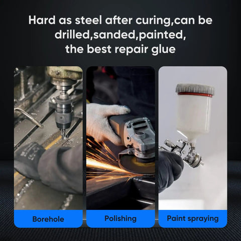 Heavy Duty Epoxy Glue Set That Cures In Five Minutes, Waterproof Adhesive for repair tasks, drilling, sanding, painting tools shown.