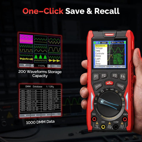 Close-up of 70MHz Dual Channel Handheld Oscilloscope And 3 In 1 Digital Multimeter with display and controls.