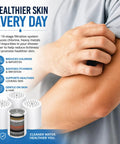 Person touching arm with text overlay promoting 4 Pack 15 Stage Shower Filter Replacement Cartridge For Hard Water Universal Fit High Output Water Softener For A Cleaner Softer Shower Every Time With Easy Install about healthier skin benefits.