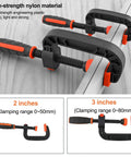 Two Piece Quick Release G Clamps Set For Woodworking With Plastic Jaw Bar Design Easy Trigger Mechanism for 2 inch and 3 inch sizes.