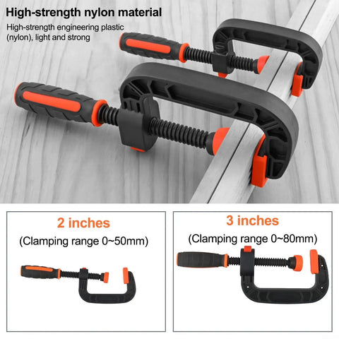 Two Piece Quick Release G Clamps Set For Woodworking With Plastic Jaw Bar Design Easy Trigger Mechanism for 2 inch and 3 inch sizes.