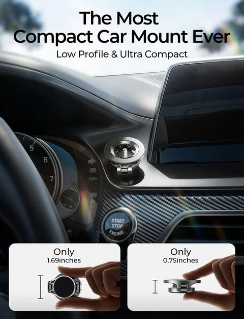 Compact MagSafe Car Mount For iPhone 17 Pro Max With 24 Strong Magnets, shown installed on a car dashboard near the steering wheel.