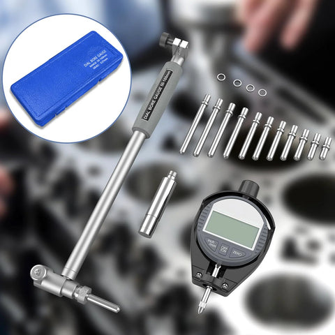 HDLNKAK digital bore gauge set front view with LCD indicator, 2-6 in range, assorted anvils and blue case