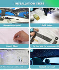 Installation steps for Headliner Star Light Kit With 1200 Pcs 0.03 Inch Fiber Optic Cables, showing fiber insertion and car roof setup.