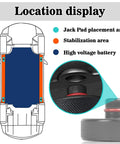 Tesla jack pad kit (4-pack) showing underside rails in orange with turquoise placement marks.