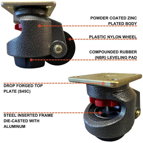 Pack Of 4 Heavy Duty Leveling Casters With 3 Inch Nylon Wheels And Top Plate Bolt And Nut, 2200 Lb Load Capacity, Steel Frame With Die Cast Aluminum Alloy, Perfect For Medical Carts, Test Rigs, Optical Benches