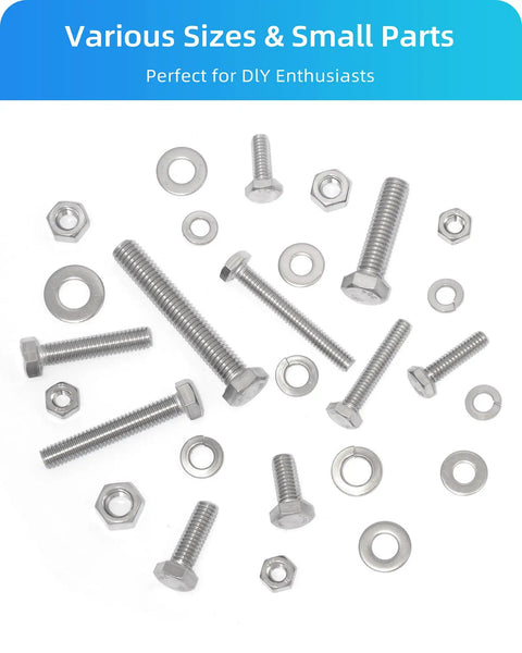 265 Piece Hex Bolt And Nut Assortment Kit Featuring 304 Stainless Steel Fasteners with various sizes and washers.