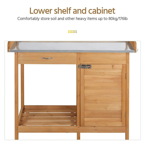 Outdoor Garden Potting Bench With Wood Tabletop And Open Shelf Cabinet Drawer Dope Fir Wood Workstation for storing soil and tools.